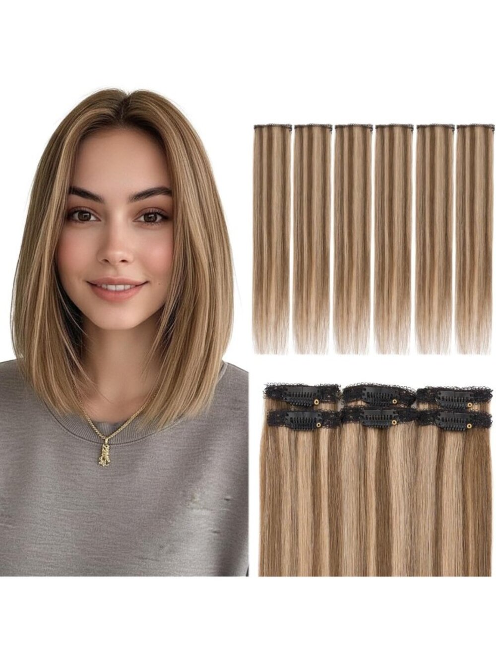 10-Inch Clip-In Human Hair Extensions, 6PCS Remy Lace Weft, Medium Brown & Dark